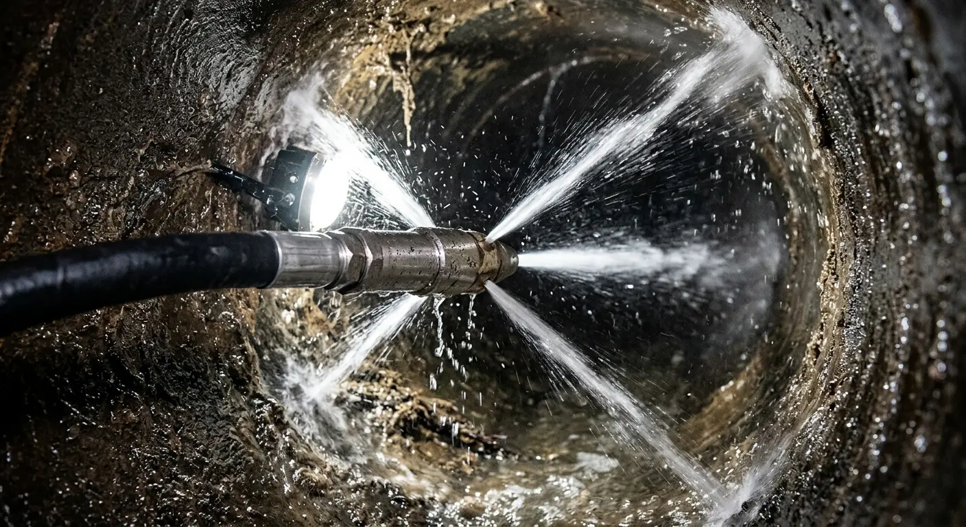 High-pressure hydro jetting nozzle cleaning sewer pipe for Trenchless Sewer Repair in Pueblo West