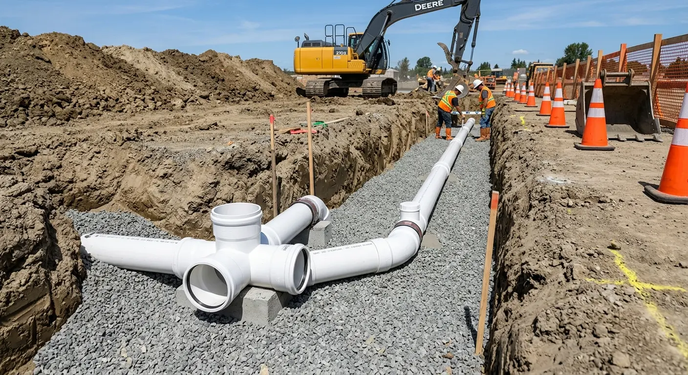 New PVC sewer pipe installation in open trench for Commercial Drain Cleaning in Pueblo West