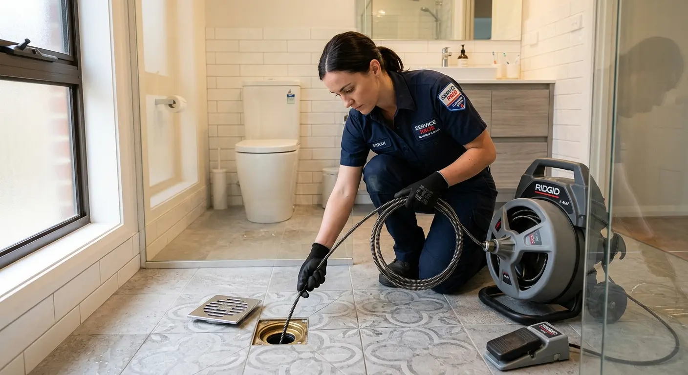 Technician clearing a bathroom floor drain for Sewer Line Replacement in Pueblo West